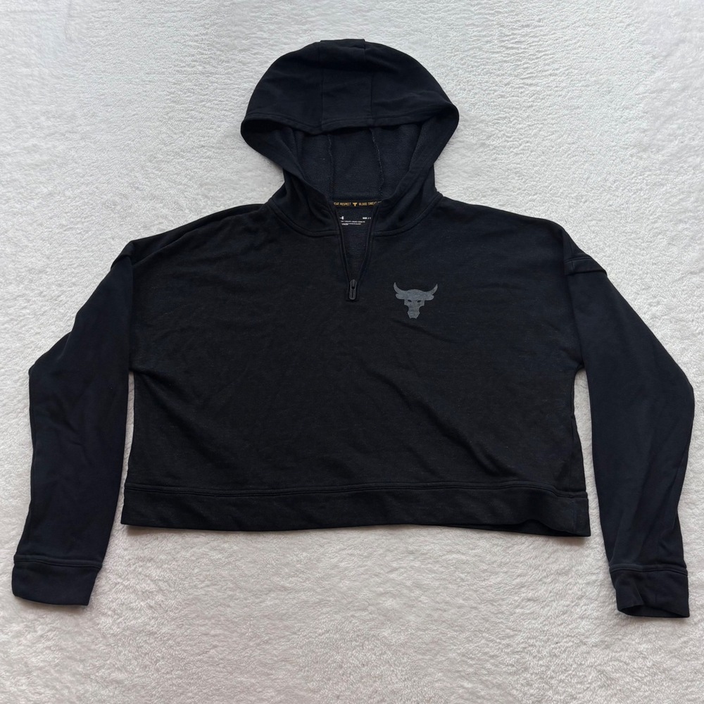 Under Armour Project Rock Brahma Bull Black Quarter Zip Cropped Hoodie Womens M